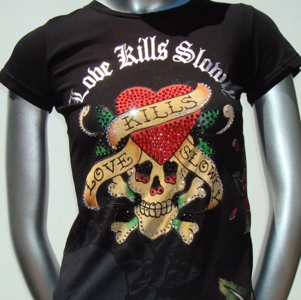 Ed Hardy Black Crew Neck Tee w/Swavorski Crystals